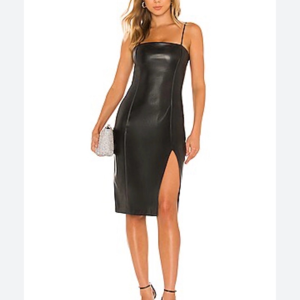 Susana Monaco Black Faux Leather Slip Midi Dress with Side Slit